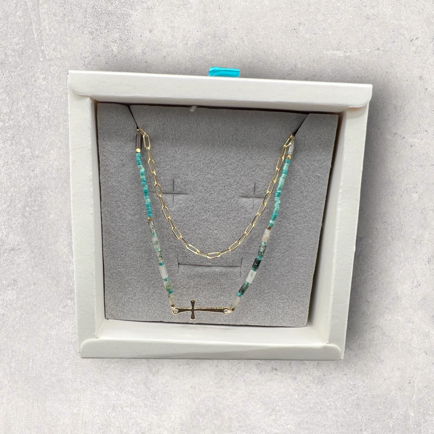 Cross Beaded Two Layer Retro Choker (Teal)