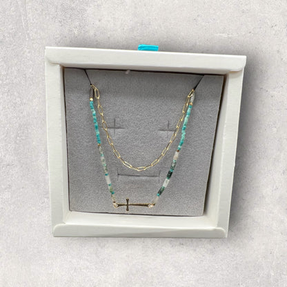 Cross Beaded Two Layer Retro Choker (Teal)